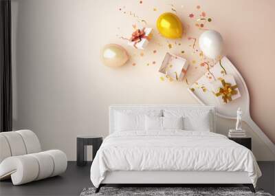 Happy New Year or birthday party design creative concept, drink glass, gold and white balloon, gift box, glittering confetti on background. Copy space text area, 3D rendering illustration. Wall mural