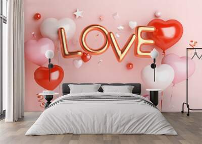 Happy valentines day decoration with heart shape gift box, love text balloon with copy space, 3D rendering illustration Wall mural