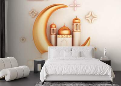 Islamic decoration background with crescent moon mosque, cartoon style, ramadan kareem, mawlid, iftar, isra  miraj, eid al fitr adha, muharram, copy space text area, 3D illustration. Wall mural