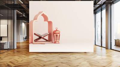 Islamic decoration background with holy quran, lantern, gift box, window cartoon style, ramadan kareem, mawlid, iftar, isra  miraj, eid al fitr adha, muharram, copy space, 3D illustration. Wall mural