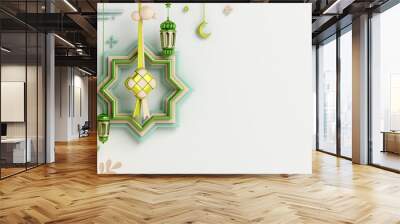 Islamic decoration background with ketupat, mosque, crescent, lantern cartoon style, ramadan kareem, eid al fitr, copy space text area, 3D illustration. Wall mural