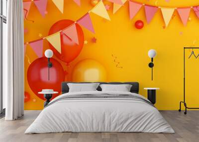 Orange balloons, bunting flags, confetti on background, Autumn concept design, halloween, copy space text, 3D illustration. Wall mural