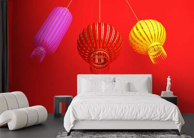 Pink, red, yellow chinese lantern lampion on red background. Design creative concept of chinese festival celebration gong xi fa cai. 3D rendering illustration. Wall mural