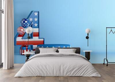 USA podium display with balloon and gift box, 4 number, Fourth of July independence day, copy space text, 3D rendering illustration Wall mural