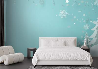 Winter abstract background design creative concept, snow icon, pine, spruce, fir tree art paper cut origami with green mint  background. Copy space text area. 3D rendering illustration. Wall mural