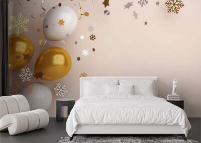 Winter abstract design creative concept, gold and white balloon, snow icon confetti glitter scattering on background. Copy space text area. 3D rendering illustration. Wall mural