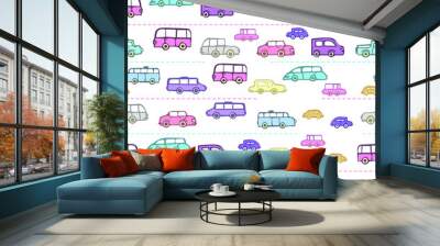 Seamless pattern of urban vehicles. Cartoon transportation background for kids. Doodle children toy cars illustration. Wall mural