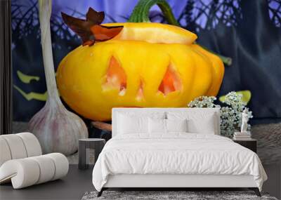 All Saints' Eve. Halloween decorations with pumpkin. Thanksgiving Day.  Postcard.  Wall mural