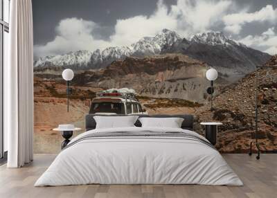 Off-road travel on extreme high mountain road in Upper Mustang, Nepal. Nice view of the Himalaya Mountains. Wall mural