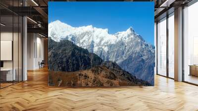 Panorama of winter mountains in national park Lantang, Nepal. Wall mural