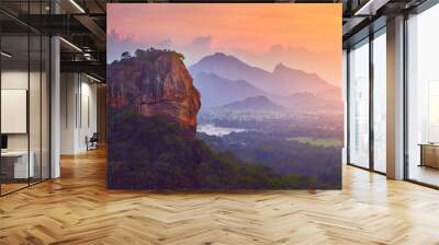 Panoramic view of the famous ancient stone fortress Sigiriya (Lion Rock) on the island of Sri Lanka, which is a UNESCO World Heritage Site. Wall mural