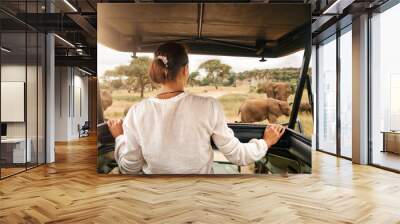 Woman tourist on safari in Africa, traveling by car with an open roof in Kenya and Tanzania, watching elephants in the savannah Wall mural