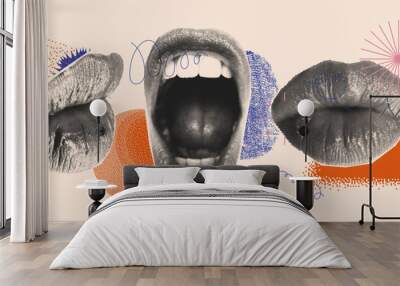 Set of Halftone Female mouths in different poses. Wide open mouth and closed kissing lips, side and front view Wall mural