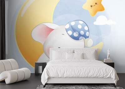 Cute cartoon sleepy baby elephant wearing sleeping cap with small stars Wall mural