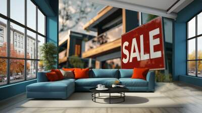 Luxury modern house backdrop with a striking 'SALE' sign featuring bold white letters on a red background, perfect for real estate sale promotions Wall mural