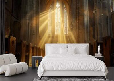 Sunlight streaming through the large stained glass windows of a cathedral, casting warm light onto the cross and creating a peaceful, serene atmosphere Wall mural