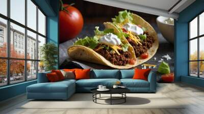 Crunchy taco shell filled with seasoned ground beef Wall mural