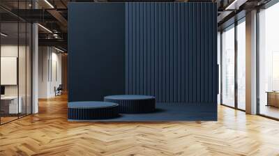 A minimalist dark blue background with two round podiums. The scene is empty and has a modern, sleek design with vertical lines on the wall Wall mural