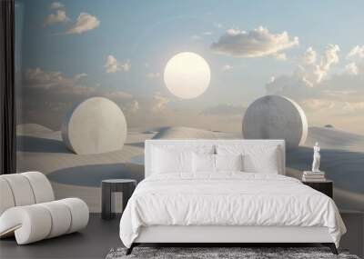 A serene desert landscape featuring three geometric shapes: two large circular forms and one circular platform, all made of a smooth, light-colored material. The scene is illuminated by a bright sun  Wall mural