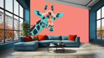 Image of a giraffe with a turquoise and brown color pattern on a coral background Wall mural