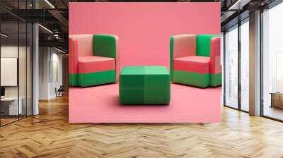 Two colorful armchairs and a matching ottoman in a pink room. The furniture features a patchwork design with shades of pink, green, and beige Wall mural