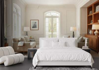 a chic, sunlit room with off-white walls and tasteful furniture arrangement Wall mural