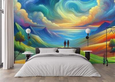 A colorful, serene illustration of two figures standing on a grassy hill, overlooking a beautiful landscape Wall mural