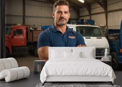 A portrait of a proud owner of a truck repair shop, arms crossed, gazing into the camera Wall mural