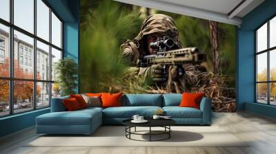 A soldier in camouflage aiming a rifle. Wall mural