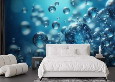 Abstract glass molecules floating in blue fluid background with selective focus - environment, water or clean energy concept Wall mural