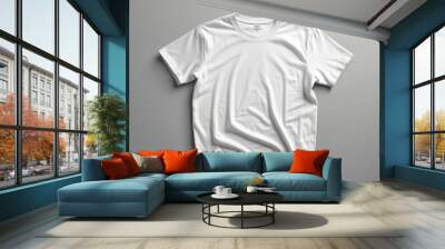 an isolated white cotton t-shirt with short sleeves presented on a rough grey background, showcasing the garment’s versatility. Wall mural