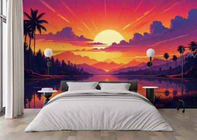 graphic illustration that uses vertical lines in a spectrum of sunset colors, incorporating elements of digital distortion for a contemporary feel Wall mural