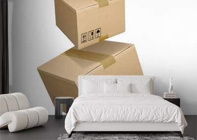 Cardboard parcel boxes falling isolated on a white Wall mural