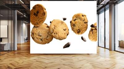 Flying Chocolate chip cookies with pieces of chocolate isolated on white background. High resolution image. Wall mural