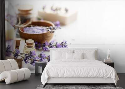 Lavender's soap bars and Spa products with lavender flowers on a white table. Wall mural