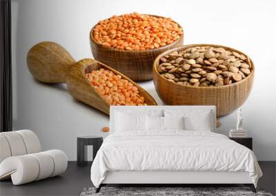 Lentils in a wooden bowls and scoop isolated on white background. Full depth of field Wall mural