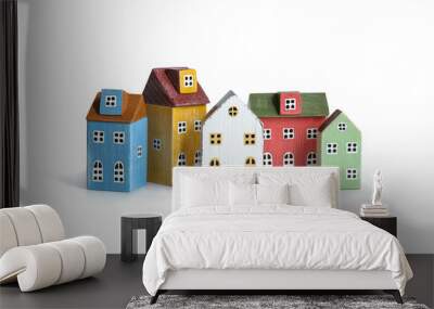 Wood miniature multicolor houses isolated on white. Wall mural