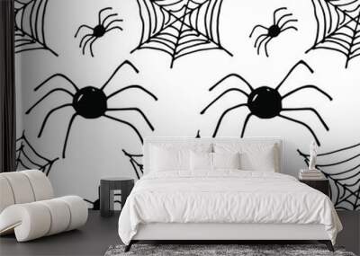 black and white hand drawn vector halloween patter with ghosts skeletons and pumpkins Wall mural