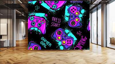 Abstract Seamless graffiti pattern with joystick. Gamer elements for boy t-shirt design. Repeat print with gamepad sign for boys textile and more
 Wall mural