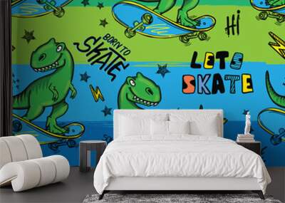 Bright cool seamless pattern with dinosaur on a skateboard. graffiti background with t rex.For textile, kids wear, fabric and more
 Wall mural