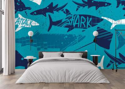 Grunge seamless pattern with cool shark and graffiti text on blue background. Print for boys Wall mural