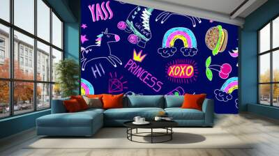 hand drawn fashion girls pattern. Colourful modern teenagers background with graffiti elements, stickers. girlish  print for textile, clothes, wrapping paper. Wall mural