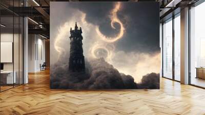 Fantasy Dark Gothic Wizards Tower, swirling cloud vortex above, generative AI Wall mural