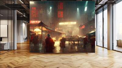 Fantasy Futuristic Chinatown Market In The Rain, generative AI Wall mural