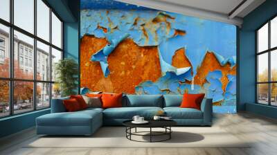 blue paint on rusty metal peels off and peels off Wall mural