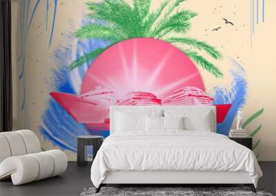 Abstract cruise ships or big liners in open water with tropic palm background . Collage about travel and vacations concept Wall mural