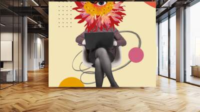 Contemporary art design. Eyeball in flower. Modern conceptual art poster with beautiful eye in surrealism style. Buisness woman sitting with laptop on color abstract background. Wall mural