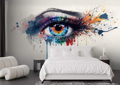 Female portrait with grungy splashes. Abstract woman eye watercolor splash art, graphic design in style of contemporary water color painting showing creativity and fantasy. Generative AI. Wall mural