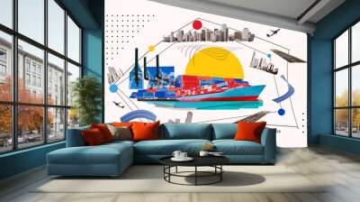 Industrial container cargo freight ship for import or export in port. Abstract design background, trucks and transport. Highway and delivering. Logistics concept Wall mural