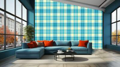 Bandanna vector texture pattern, livingroom background tartan textile. Machinery fabric seamless plaid check in cyan and light colors. Wall mural